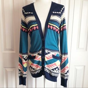 Nollie Boho Blue Aztec Print Long Grandpa Cardigan Small